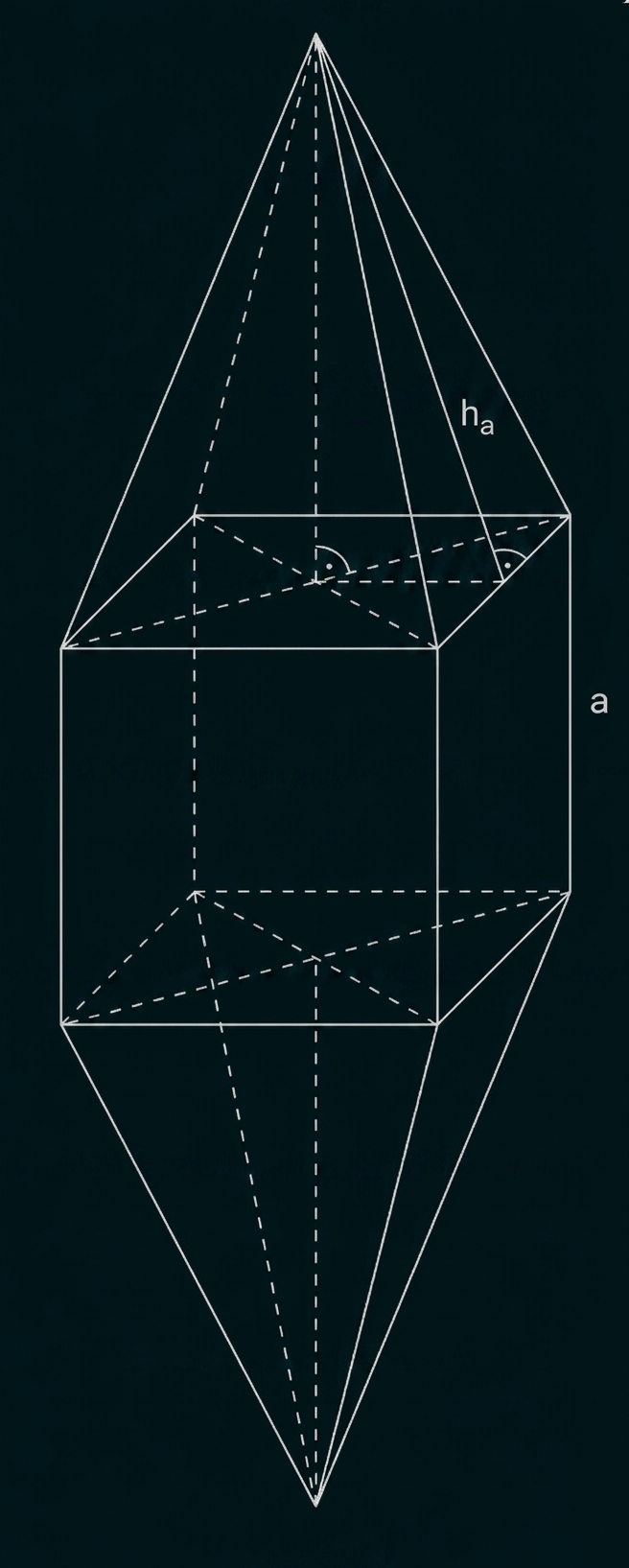 Geometrische Skizze eines Prismas mit zwei Pyramiden und eingezeichneter Höhe ha.